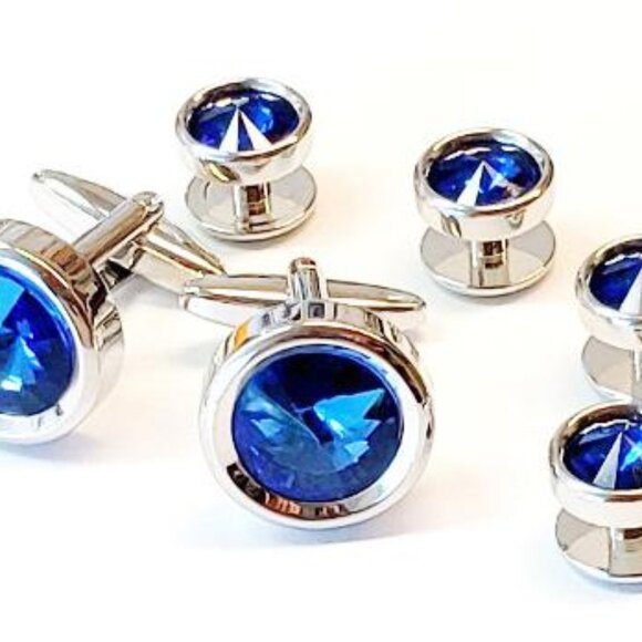 Faceted Bright Sapphire 17mm Links (4) 11mm studs Polished Rhodium Formal Set - Picture 1 of 1
